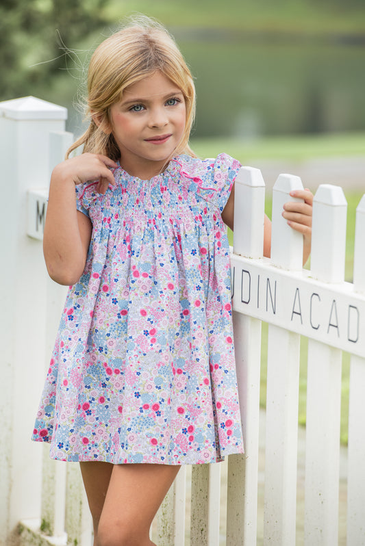 Girl's Pink Dress with a Tiny Floral Print.