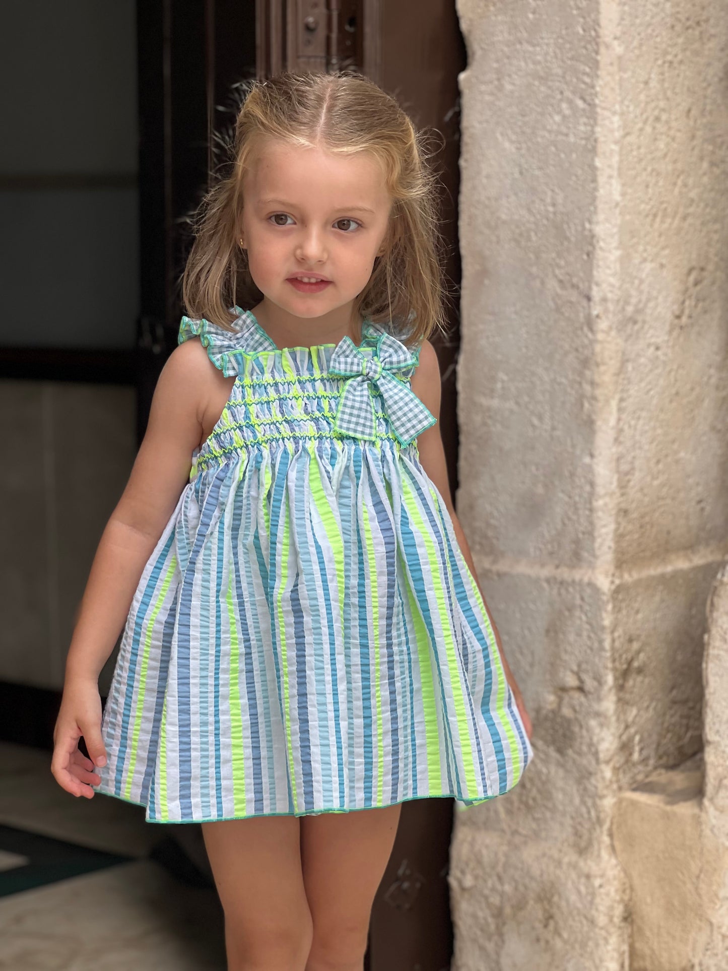 Neon Striped Baby Dress with a Little Bow