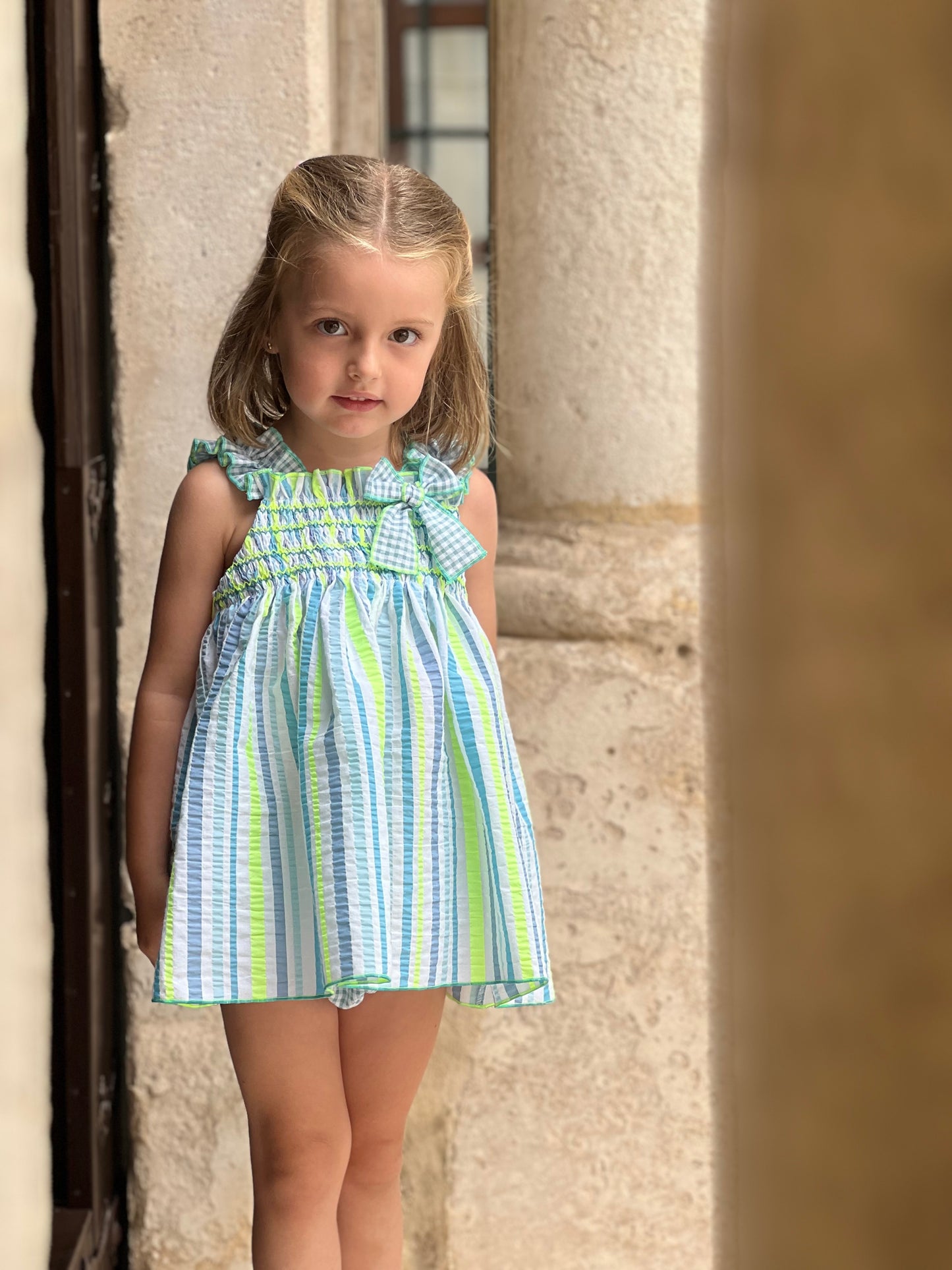 Neon Striped Baby Dress with a Little Bow