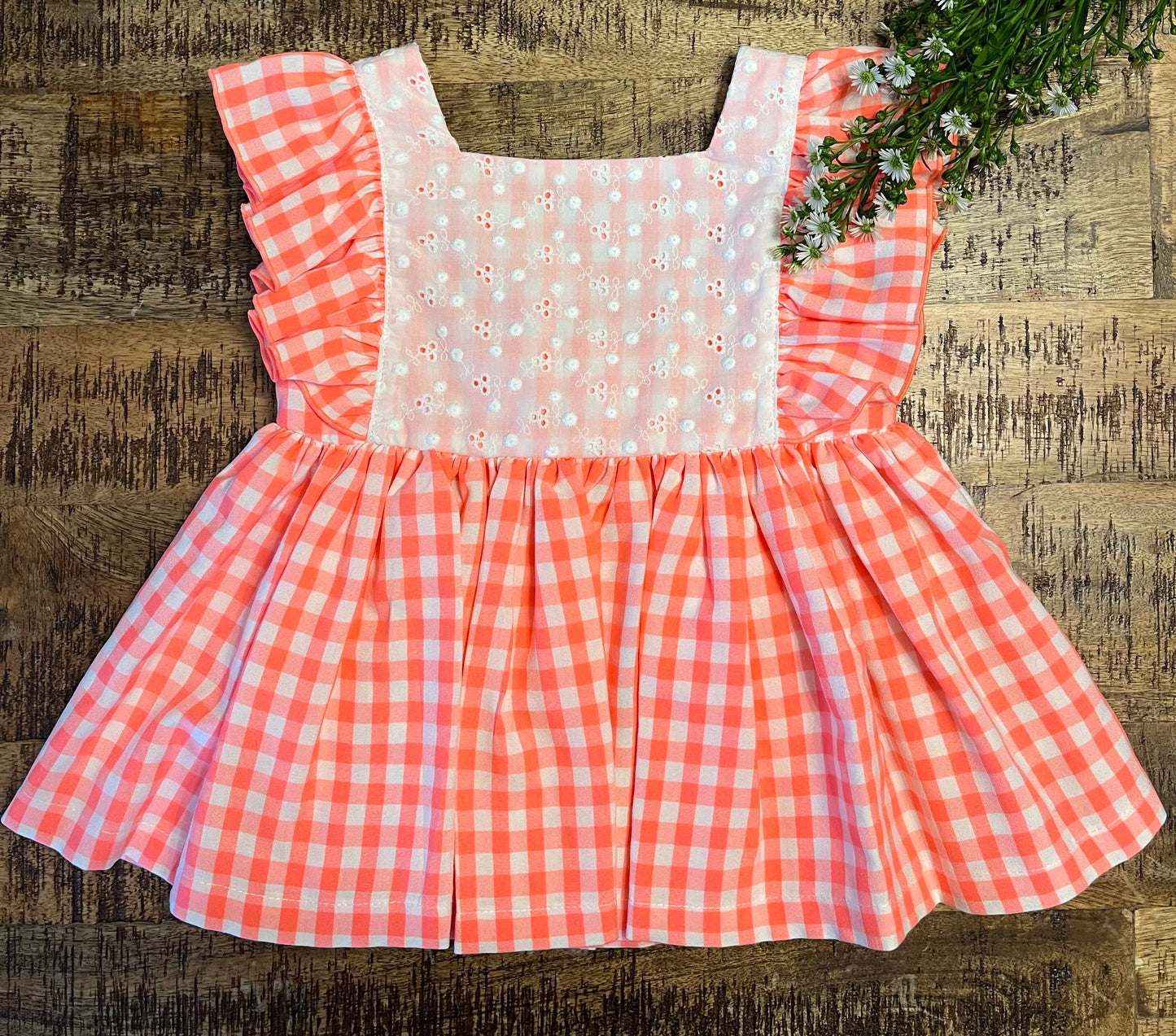 Orange Plaid Dress with Lace on the Chest